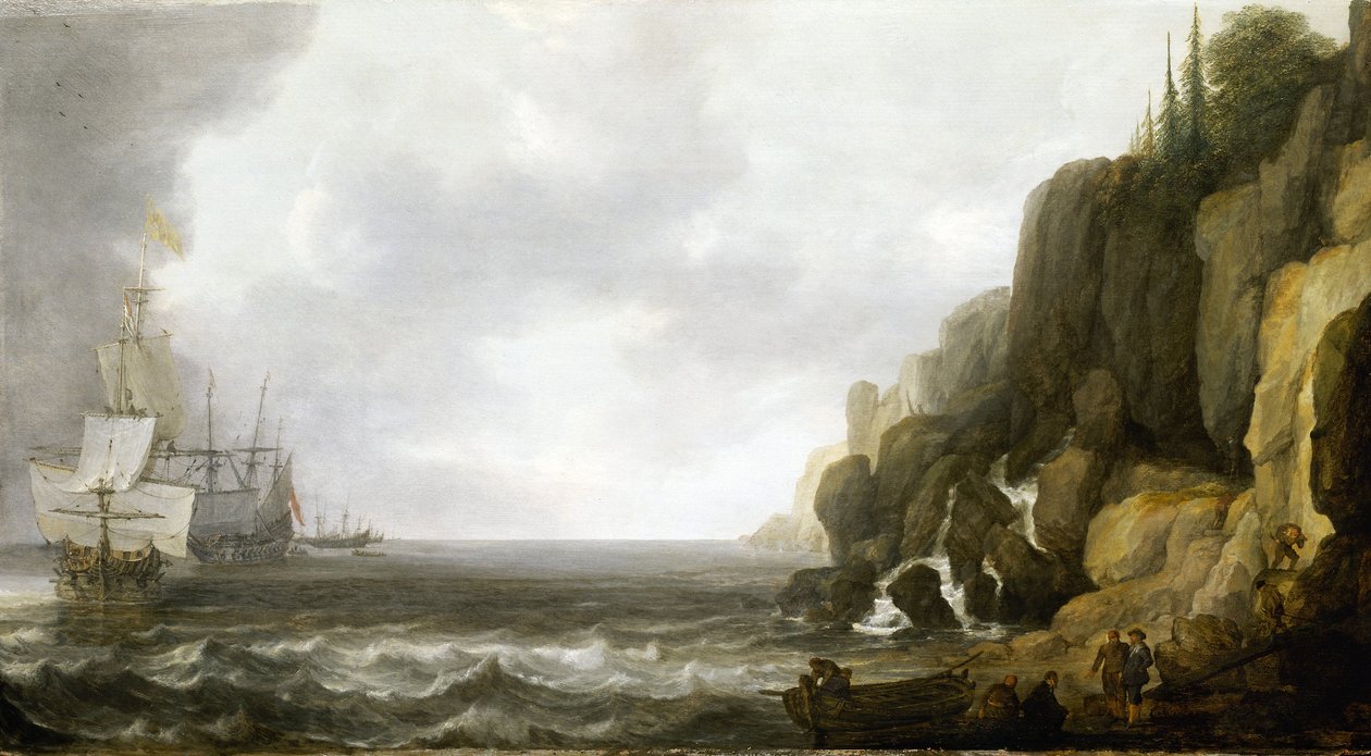 Rifornimento a uno squadrone di navi da guerra olandesi ancorate al largo di una costa rocciosa, diversi marinai sono raggruppati sulla spiaggia da Simon Jacobsz. Vlieger