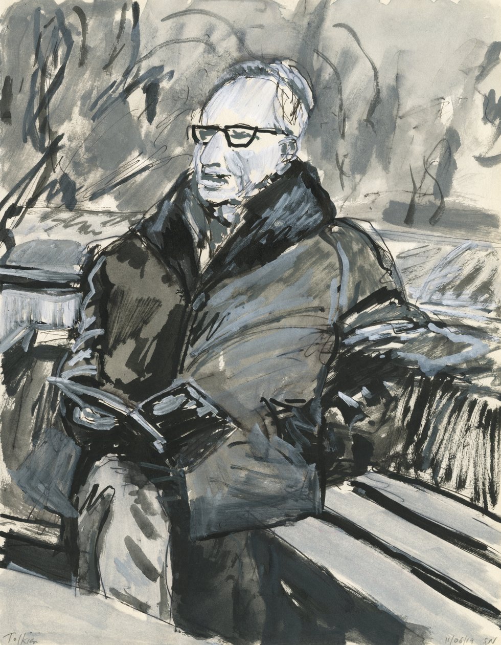Uomo che legge un libro, 2019 (inchiostro e colori acrilici su carta) da Simon Neville