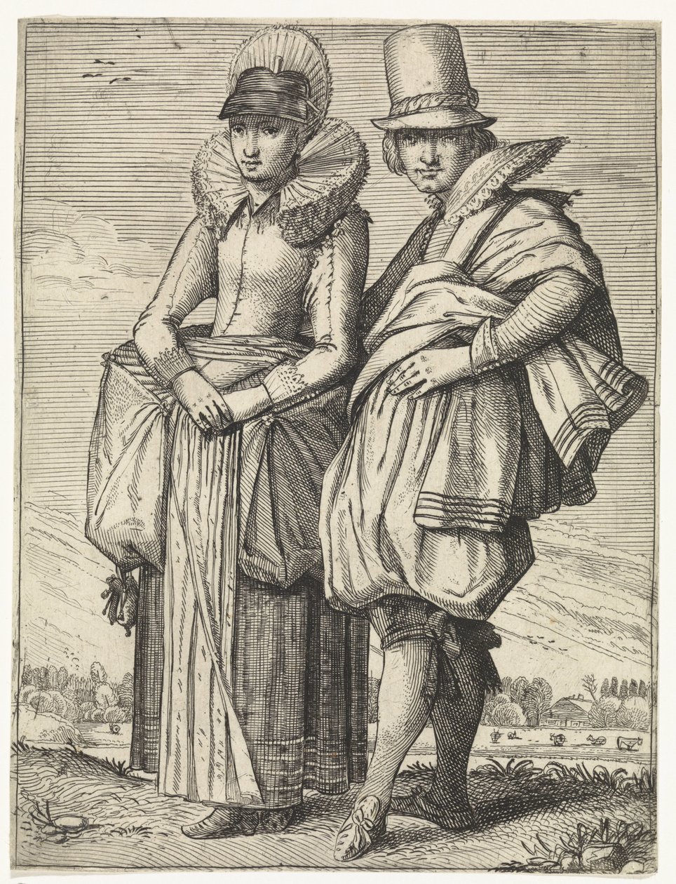 Uomo e donna vestiti secondo la moda del 1625 circa da Simon Poelenburg (attributed to)
