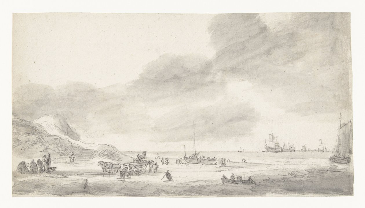 Vista della spiaggia con pescatori di conchiglie e passeggiatori da Simon de Vlieger (possibly)