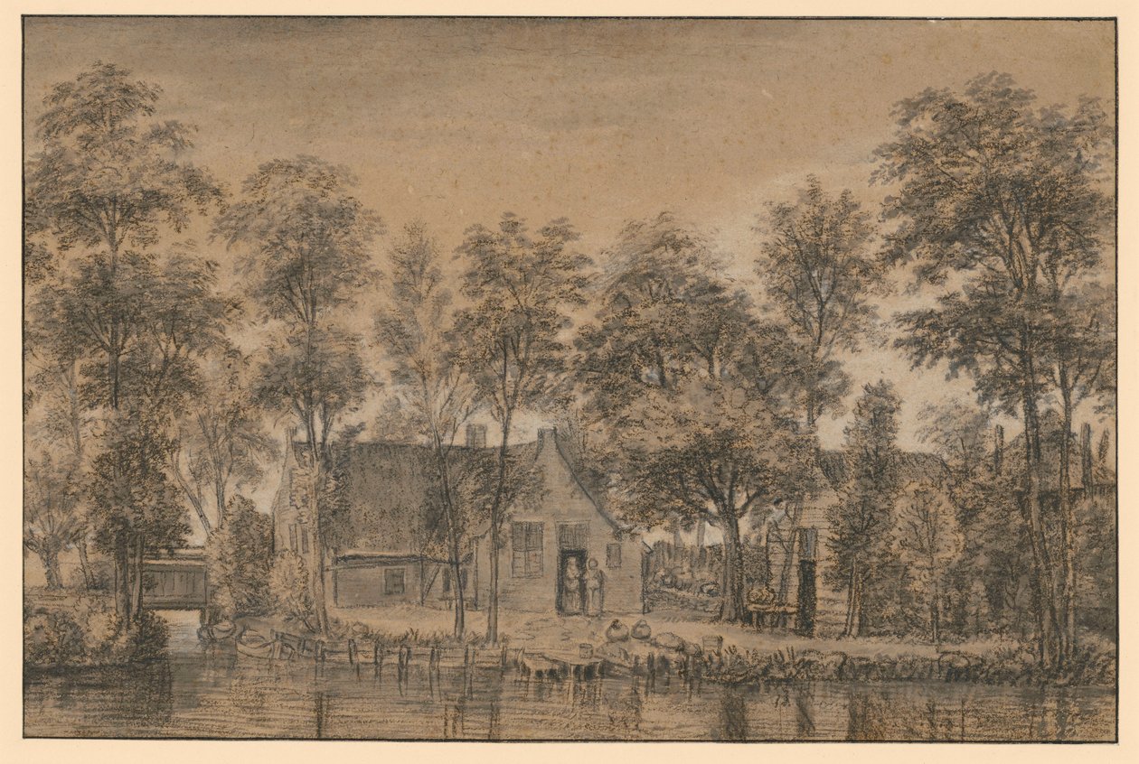 Cascina sotto gli alberi presso il canale da Simon de Vlieger