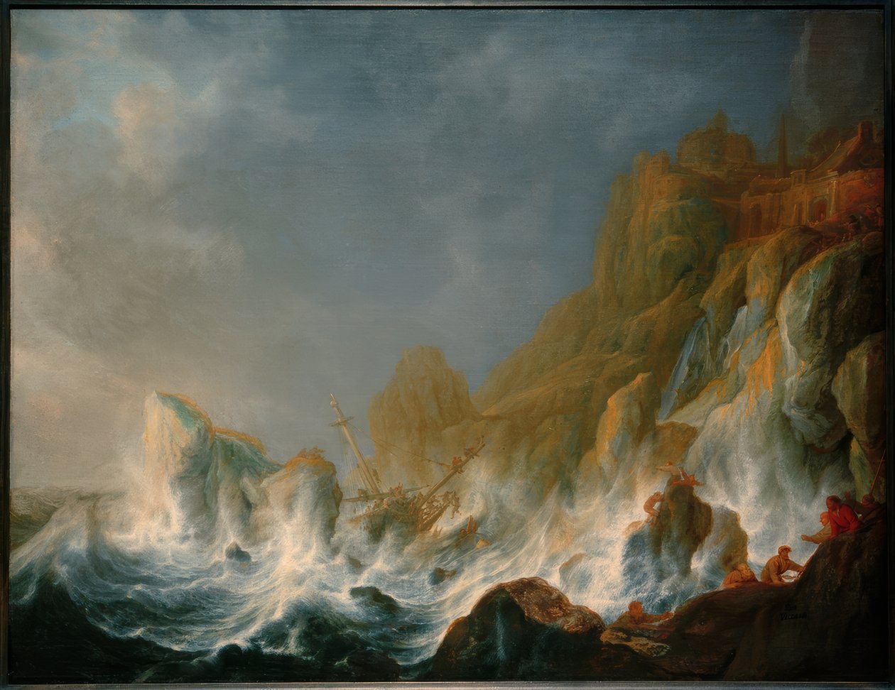 Naufragio in una tempesta di mare su una costa rocciosa da Simon de Vlieger