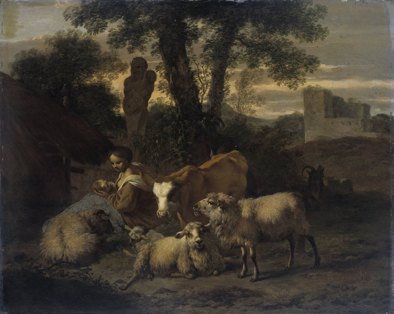 Paesaggio italiano con pastorella e greggi da Simon van der Does