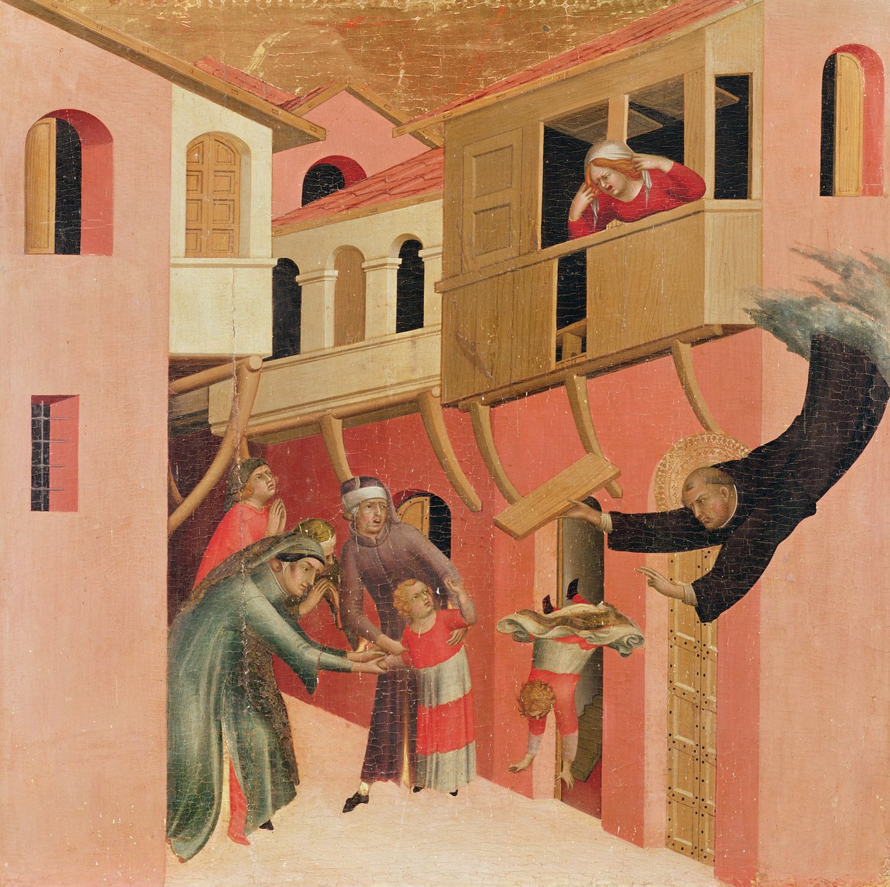 Polittico del Beato Agostino Novello e quattro storie della sua vita, (dettaglio) del pannello di sinistra di Agostino Novello che salva un bambino mentre cade da un balcone, c.1328 da Simone Martini