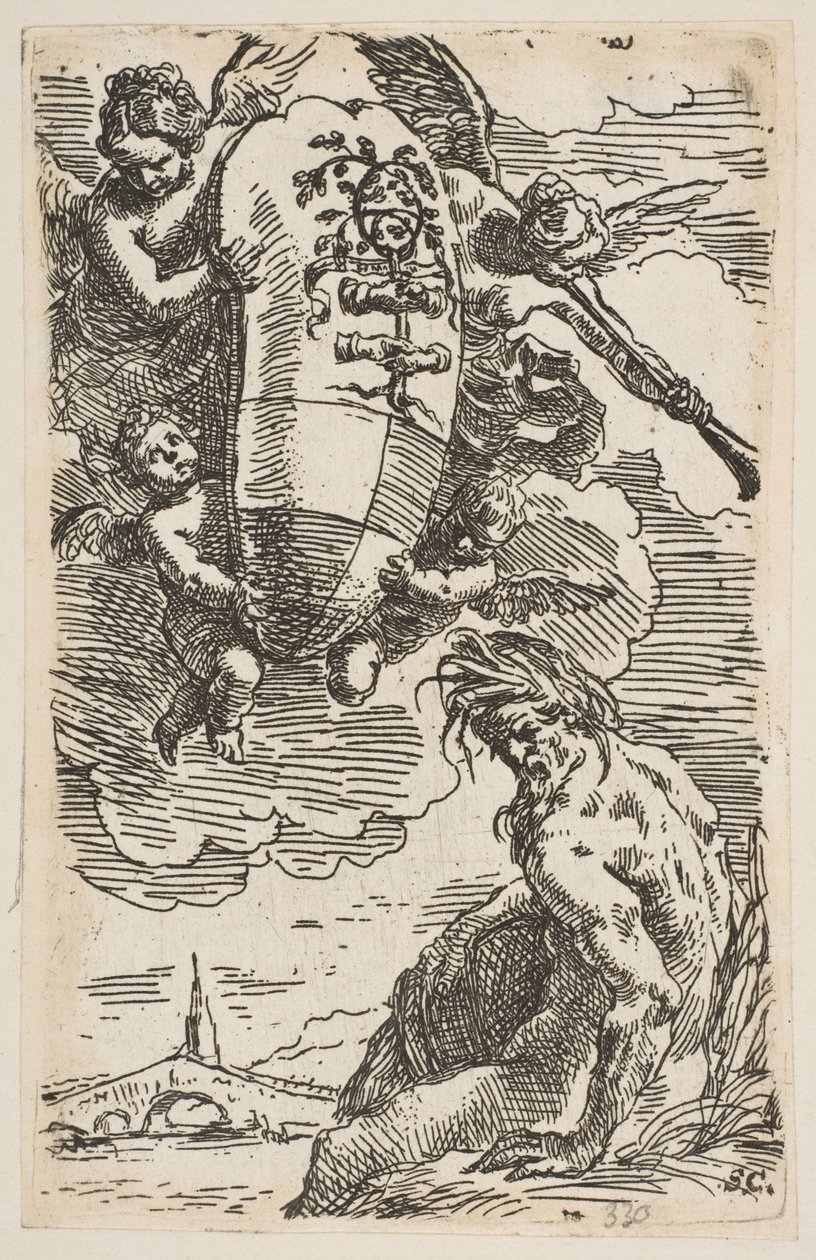 Allegoria del Fiume Foglia con lo stemma della città di Pesaro, frontespizio per..., ca. 1639 da Simone Cantarini