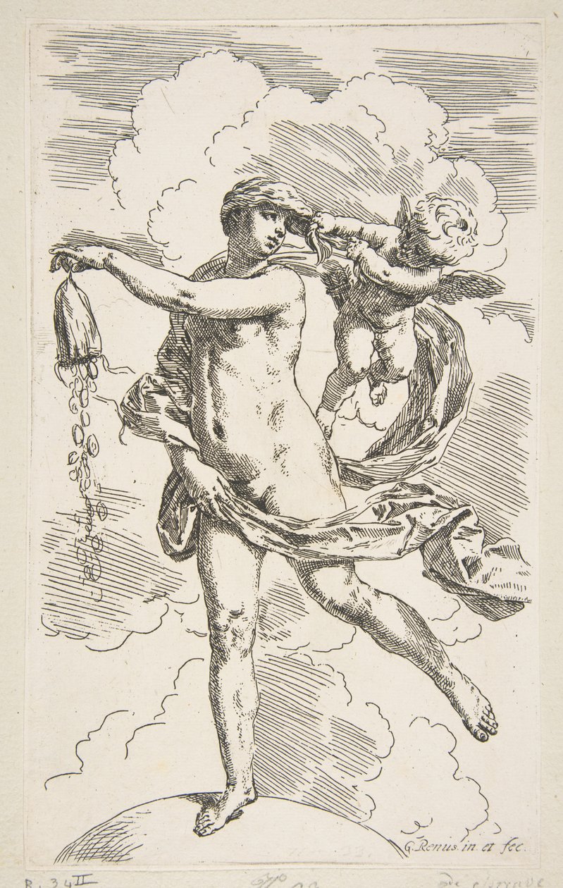 Fortuna in piedi su un globo che svuota una borsa di monete, ca. 1635-1636 da Simone Cantarini