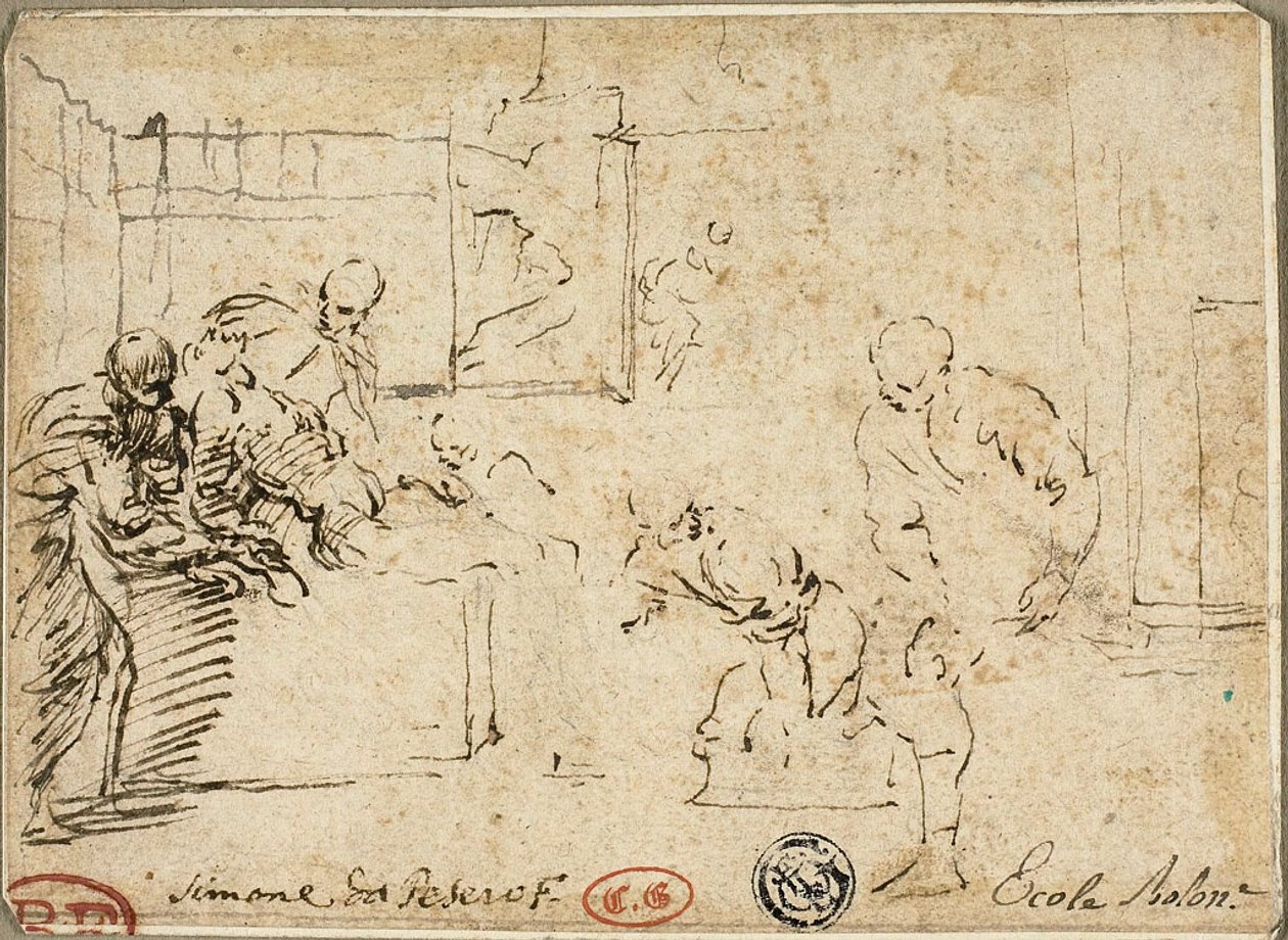 Interno con nudo maschile circondato da cinque figure da Simone Cantarini