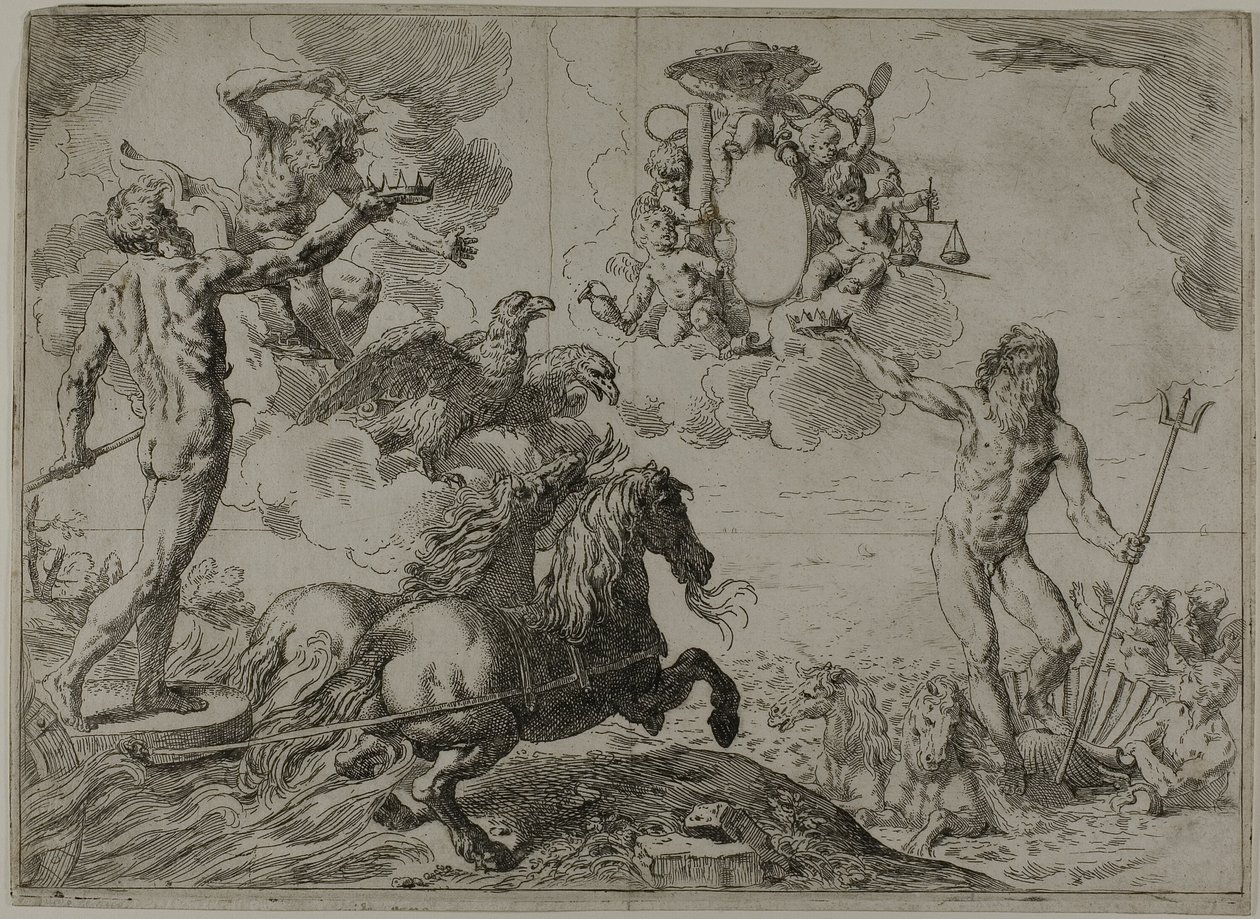 Giove, Nettuno e Plutone offrono le loro corone alle armi del cardinale Borghese da Simone Cantarini