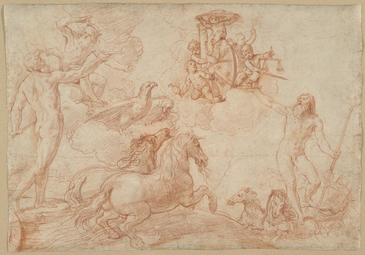 Giove, Nettuno e Plutone Rendono Omaggio allo Stemma del Cardinale Borghese da Simone Cantarini