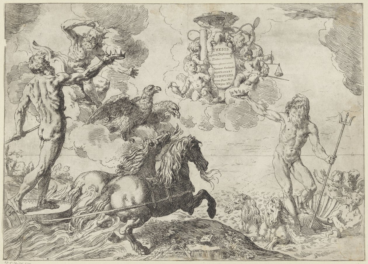 Giove, Nettuno e Plutone offrono le loro corone allo stemma del cardinale Scipione Borghese da Simone Cantarini