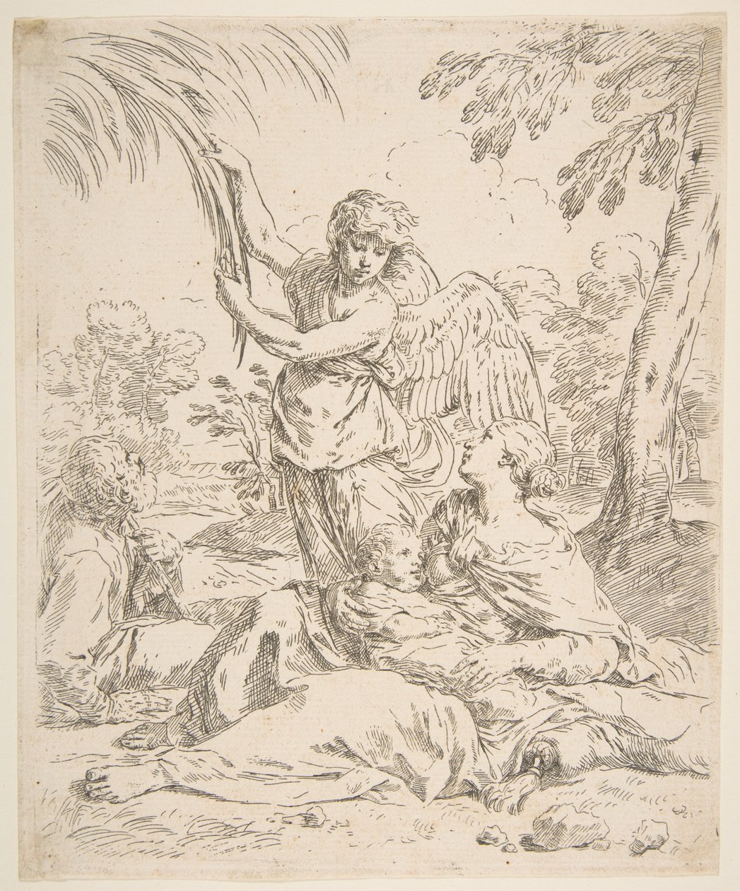 Riposo in Egitto, Maria che allatta il bambino Gesù mentre un angelo tira i rami degli alberi, ca. 1639 da Simone Cantarini
