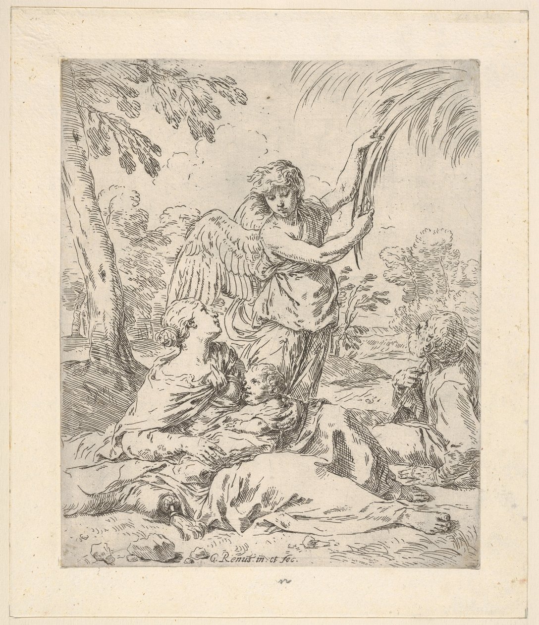 Riposo in Egitto, Maria che allatta il bambino Gesù mentre un angelo tira i rami di un albero, ca. 1630-1648 da Simone Cantarini