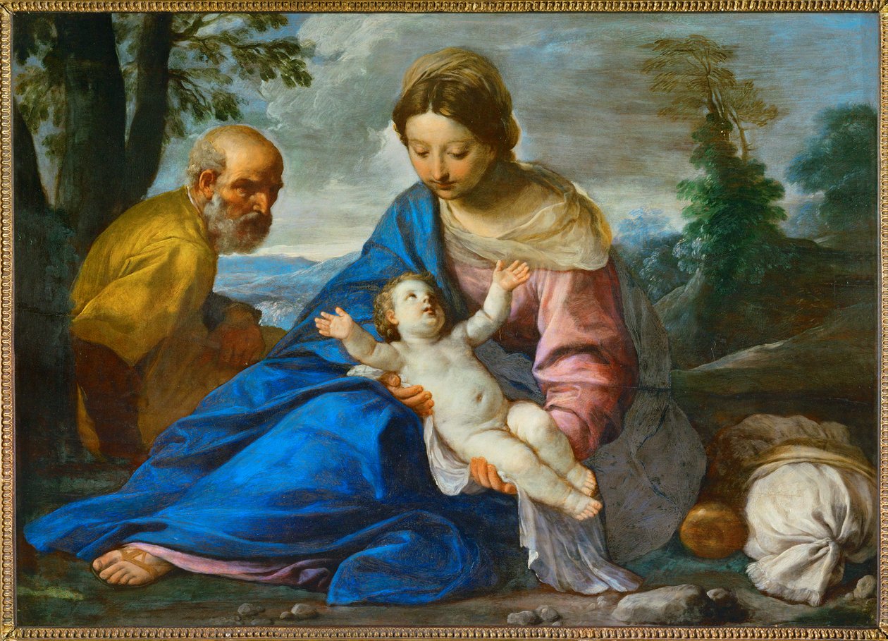 Riposo durante la fuga in Egitto (dipinto su tela su tavola) da Simone Cantarini