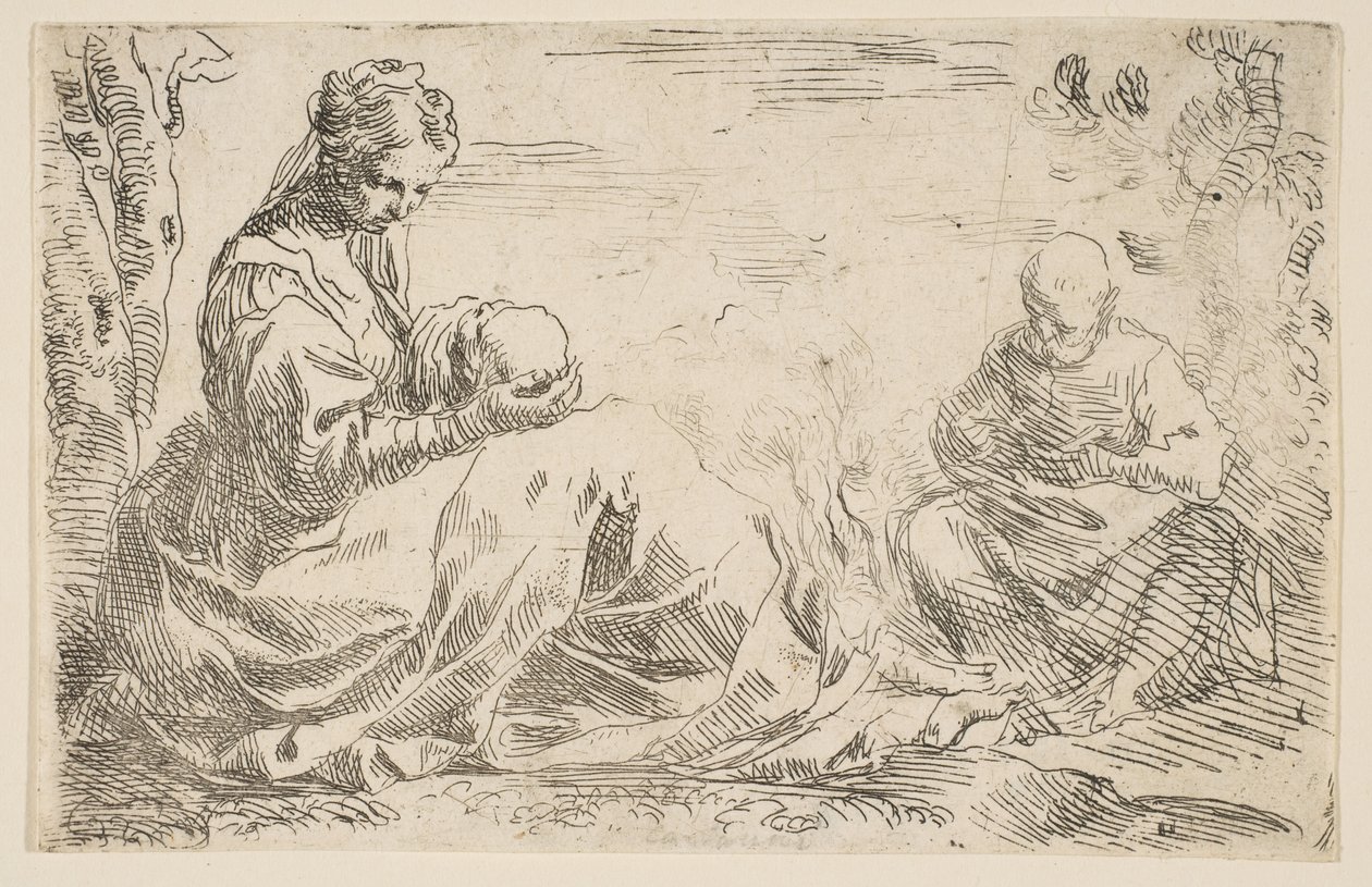 Riposo durante la fuga in Egitto, Maria tiene e guarda il bambino Gesù, ca. 1637 da Simone Cantarini
