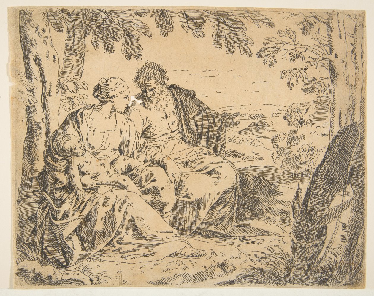 Riposo durante la fuga in Egitto, Maria che tiene il bambino Gesù mentre San..., ca. 1637-1639 o dopo da Simone Cantarini