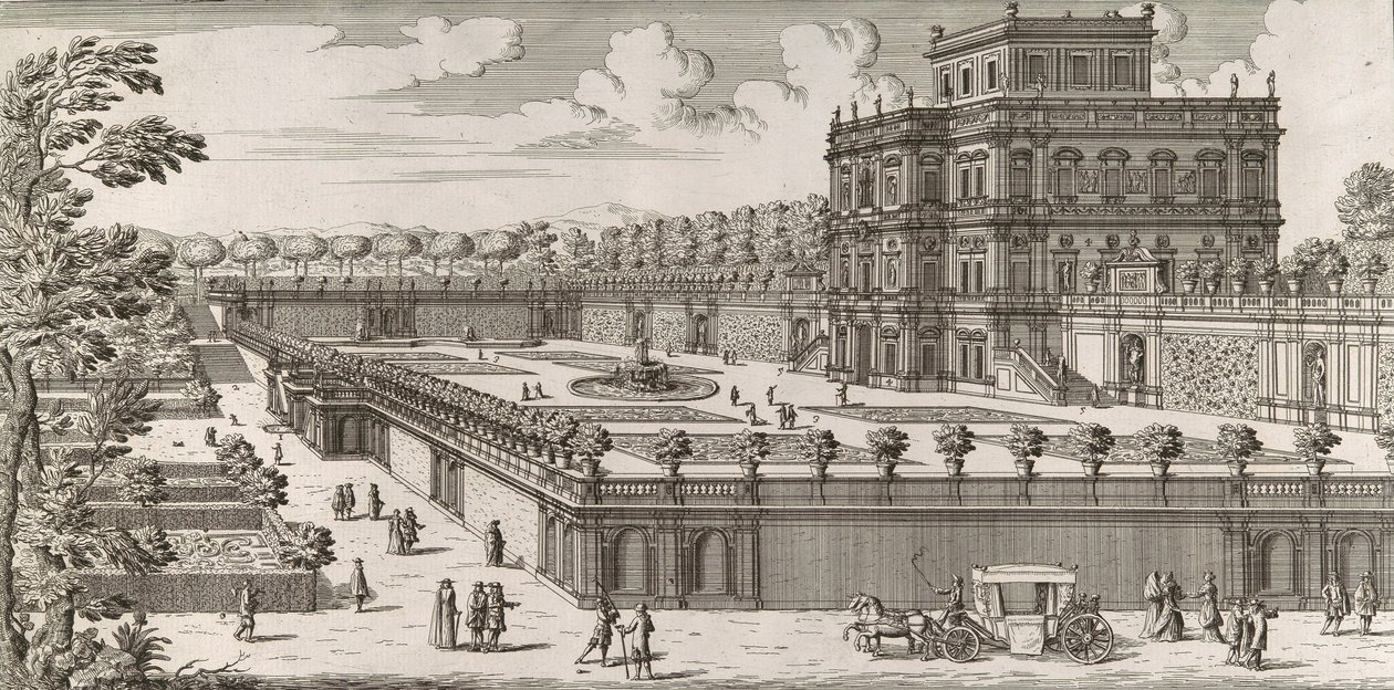 Vista della facciata laterale del Palazzo Pamphili e del suo giardino Secondo prospetto pe..., dopo il 1677 da Simone Felice