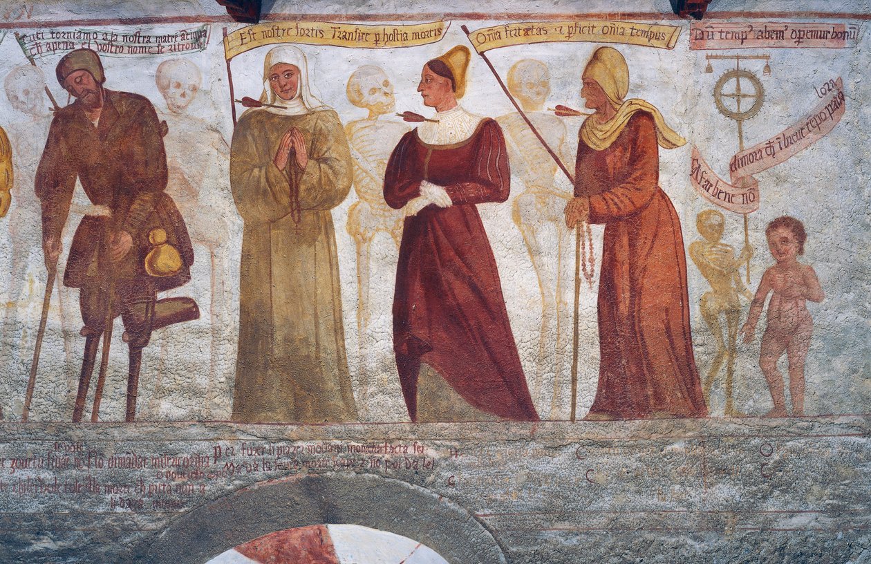 La morte con il zoppo, la suora, la giovane donna, la vecchia e il bambino, dettaglio dalla Danza della Morte da Simone II Baschenis