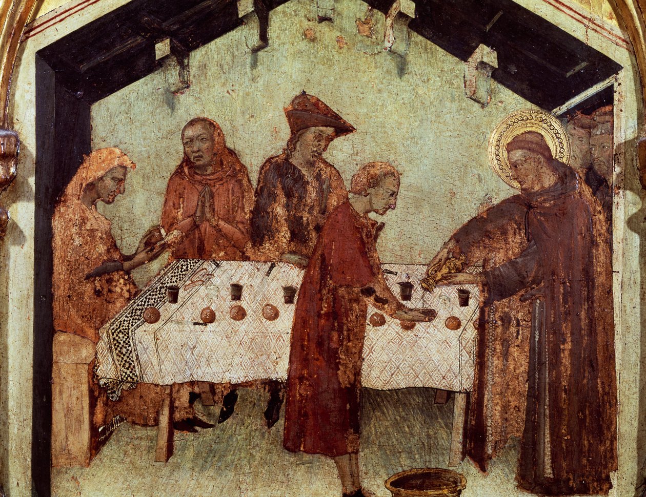 Luigi serve i monaci a tavola, dettaglio dalla Vita di Luigi di Tolosa, dalla predella di San Luigi Vescovo di Tolosa che incorona suo fratello Roberto d