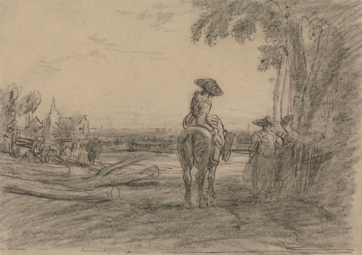 Donna a cavallo con due donne in piedi che guardano un paesaggio da Sir Augustus Wall Callcott
