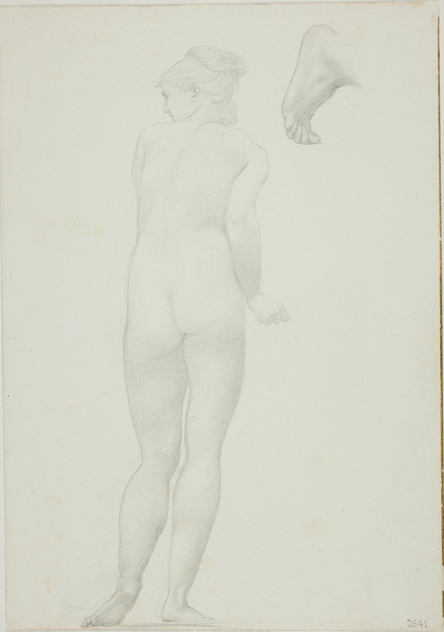 Vista posteriore di donna nuda in piedi e schizzo di un piede da Sir Edward Burne Jones