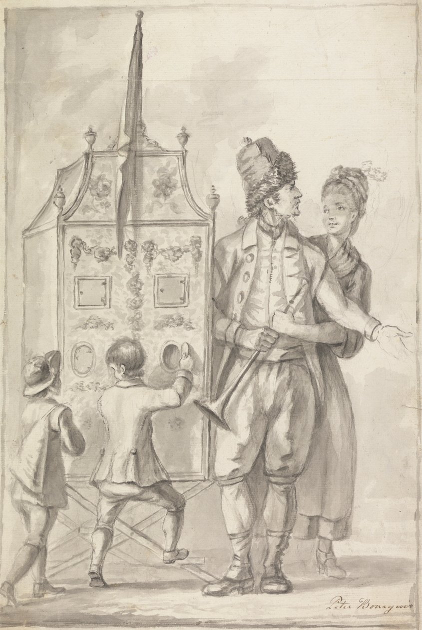 Studio di un teatrino con due figure di accompagnamento e due bambini da Sir Peter Francis Bourgeois
