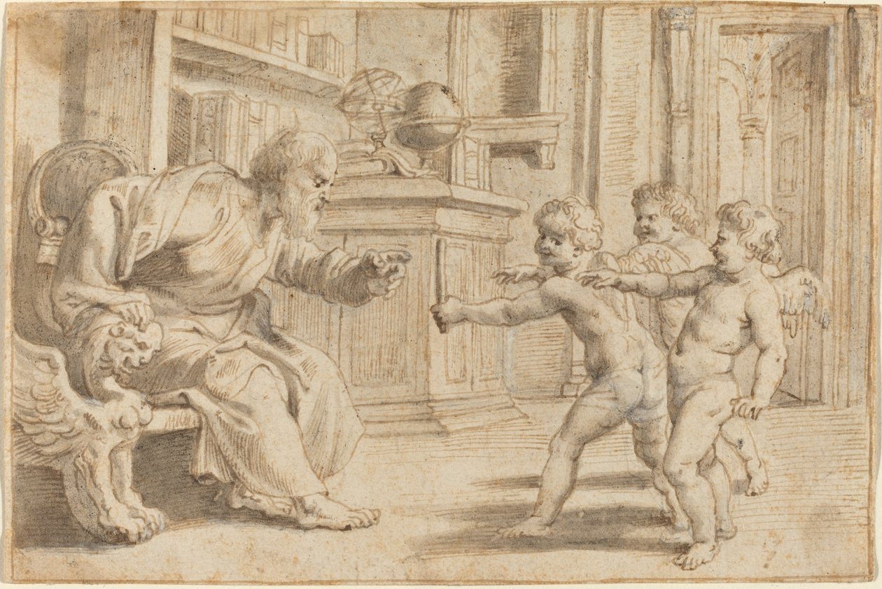 Putti che testano la percezione della profondità di un uomo da Sir Peter Paul Rubens