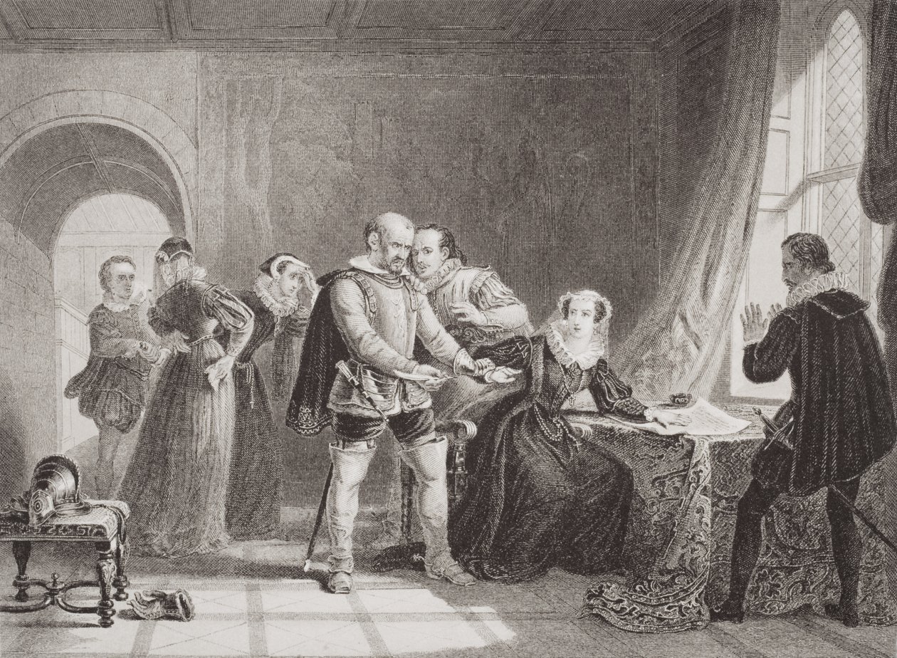 Maria Stuarda costretta a firmare la sua abdicazione nel castello di Lochleven nel 1567, da 