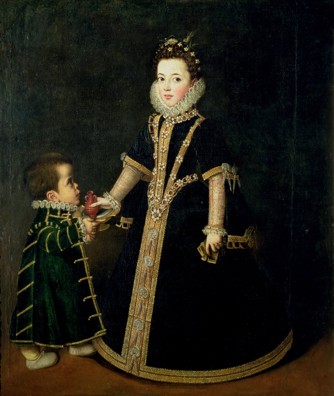 Ragazza con un nano, ritenuto un ritratto di Margherita di Savoia, figlia del duca e della duchessa di Savoia, c.1595 da Sofonisba Anguissola