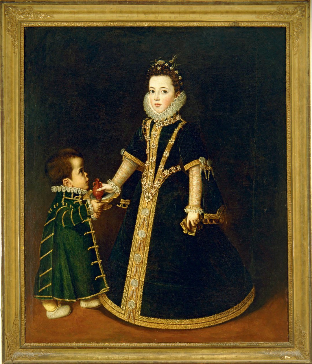 Ragazza con nano, ritenuto un ritratto di Margarida di Savoia, figlia del duca e della duchessa di Savoia... (dipinto su tela) da Sofonisba Anguissola