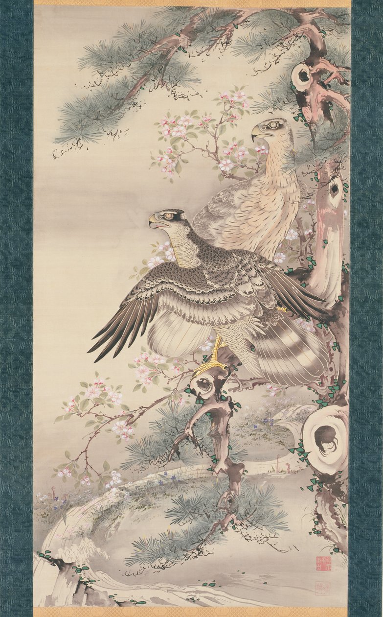 Coppia di falchi con ramo e fiori da Soga Shohaku