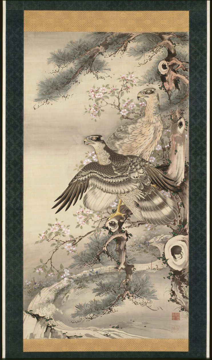 Coppia di falchi con ramo e fiori da Soga Shohaku