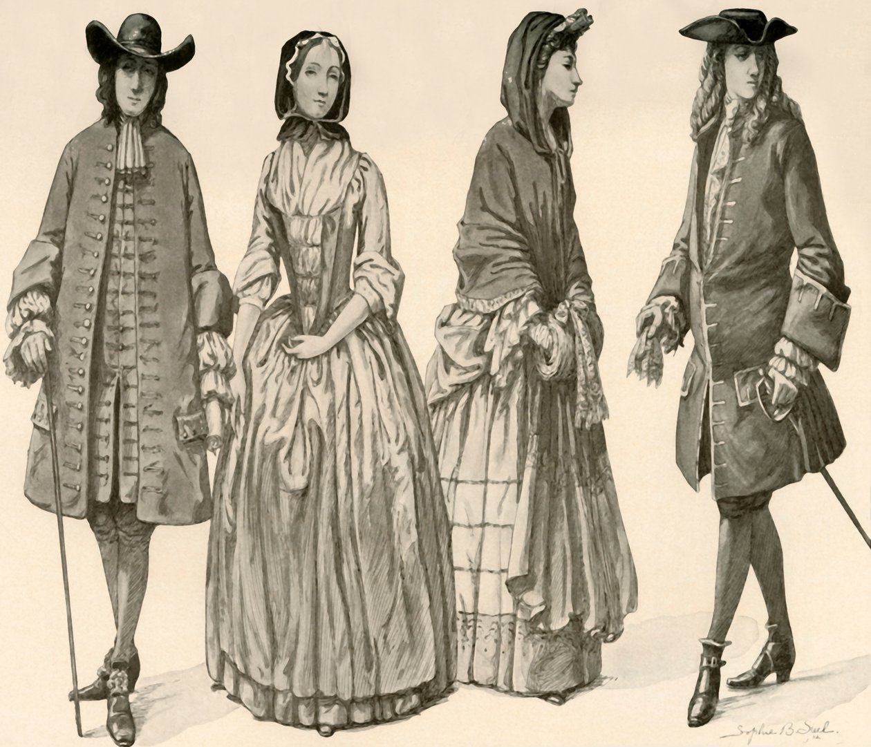 Abbigliamento durante i regni di Carlo II, Giacomo II, Guglielmo e Maria 1682-1700, 1903, 1937 da Sophie B. Steel