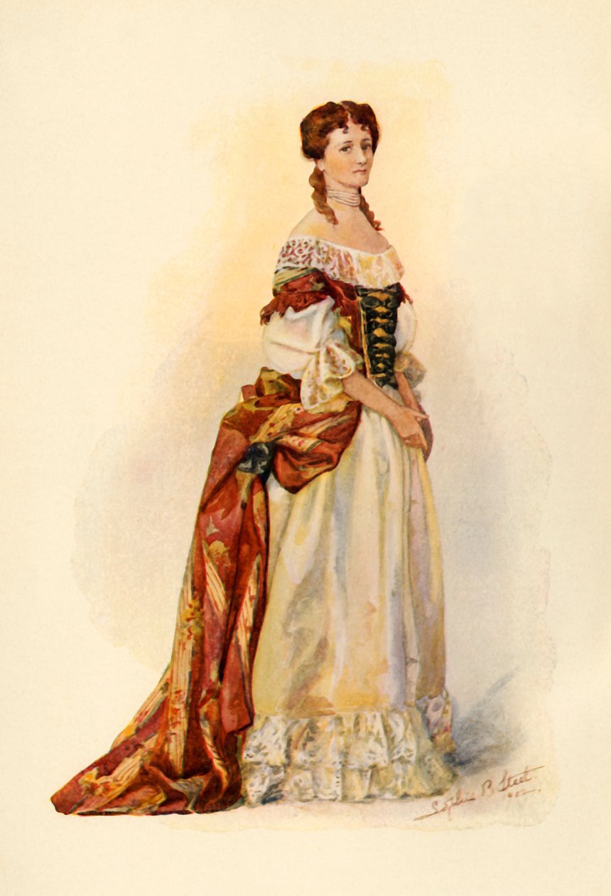 Abito di broccato rosso indossato nella Colonia di Barbados c1685, 1903, 1937 da Sophie B. Steel