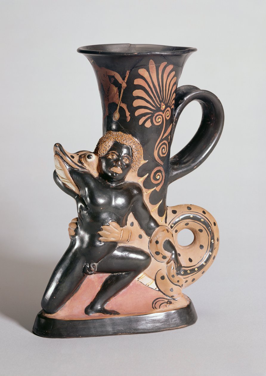 Rhyton a forma di corno a figure rosse che raffigura un coccodrillo che attacca un nubiano, greco, c.350 a.C. da Sotades