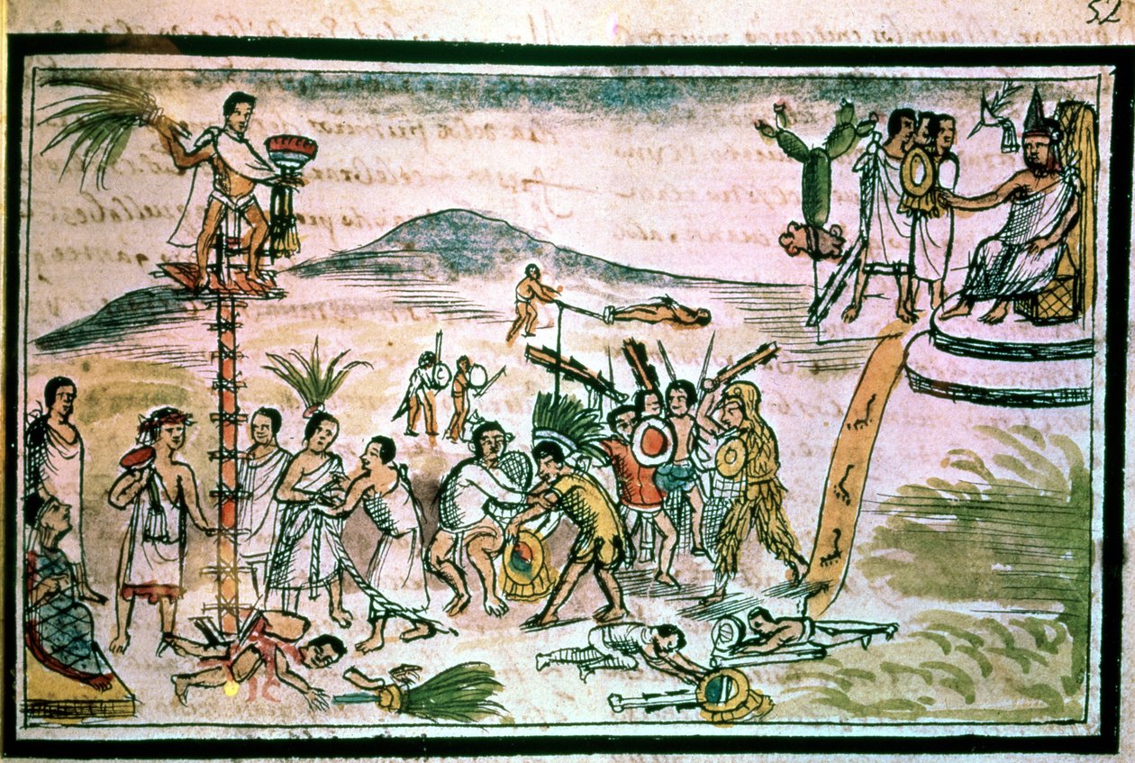 Guerrieri aztechi impegnati in una battaglia cerimoniale nota come la Guerra Fiorita, per catturare future vittime per il sacrificio da Spanish School