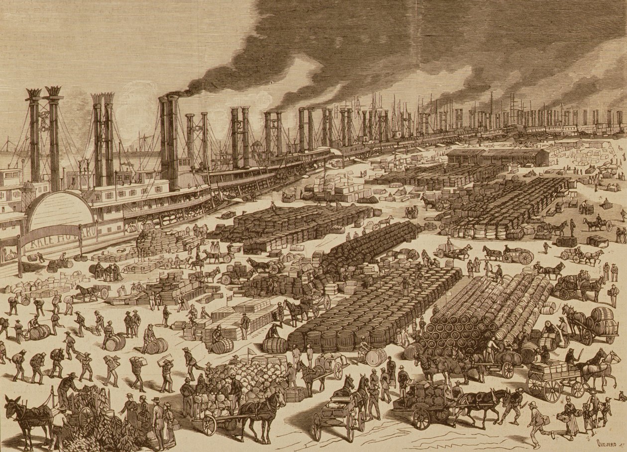 Attività Commerciale e Veduta del Molo a New Orleans nel 1880 da Spanish School