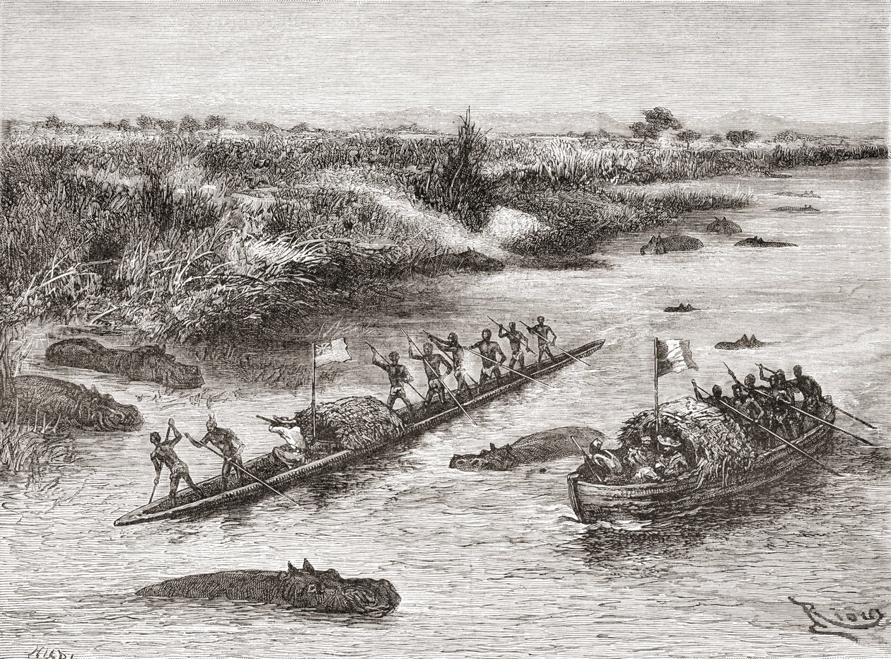 Esploratori francesi e britannici che cacciano ippopotami sul fiume Congo nel XIX secolo, da 