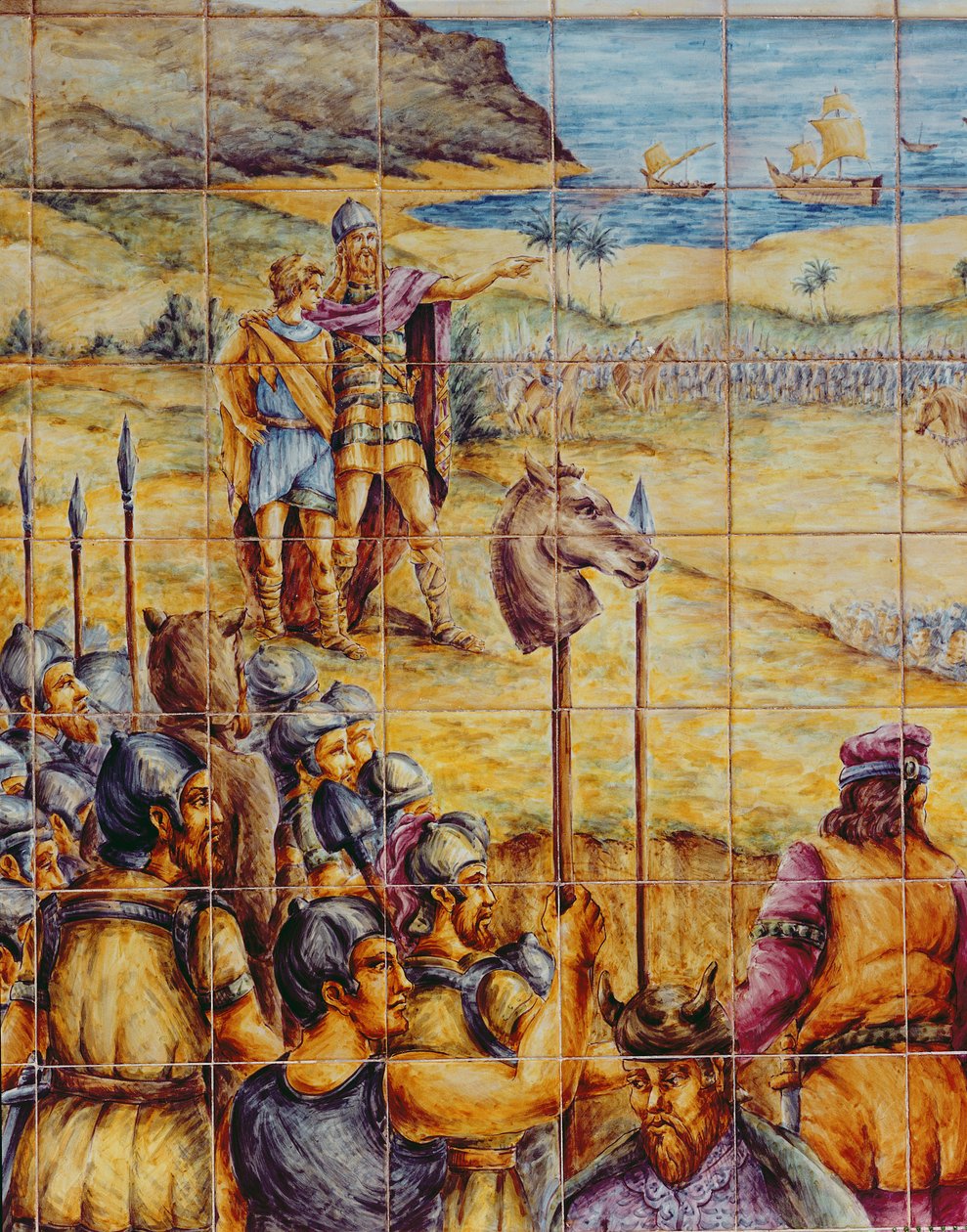 Piastrelle raffiguranti lo sbarco di Amilcare e suo figlio Annibale ad Akra Leuce durante la Prima Guerra Punica da Spanish School