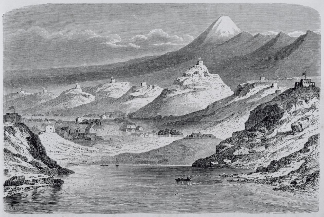Veduta di New Plymouth e del Monte Egmont, illustrazione da The Return to the World, 1865 da Spanish School