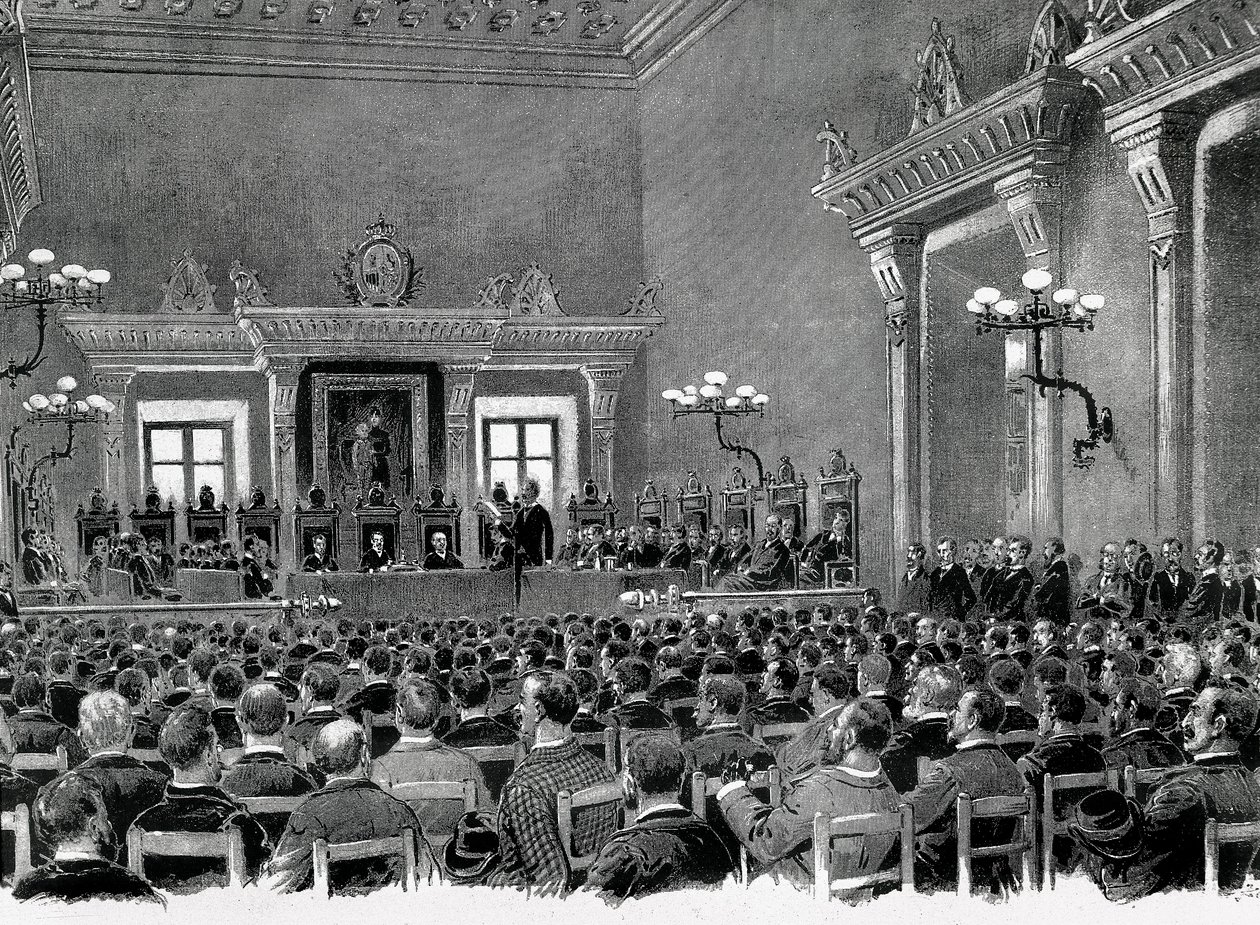 Un raduno di nazionalisti catalani riuniti nel Municipio di Manresa, per la redazione delle 16 basi per servire la costituzione regionale catalana nel 1892. Disegno di Jaume Pahissa da Spanish School
