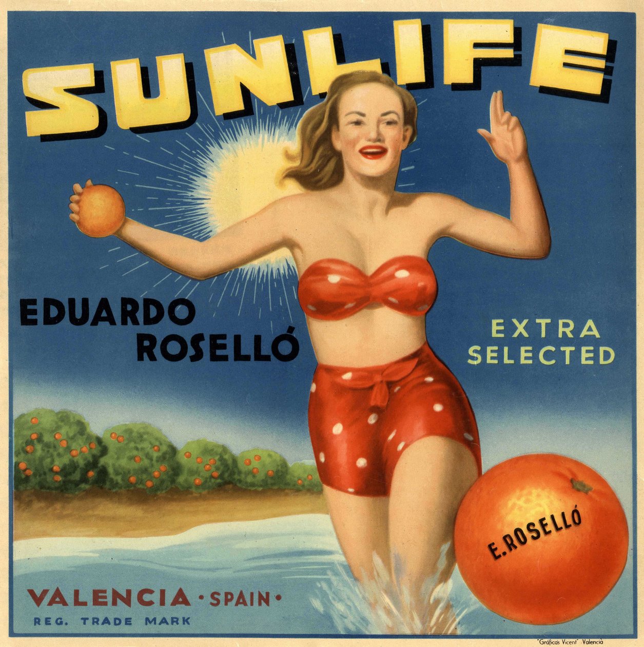 Pubblicità per le arance, immagine di una donna in costume da bagno. Manifesto pubblicitario, Valencia da Spanish School