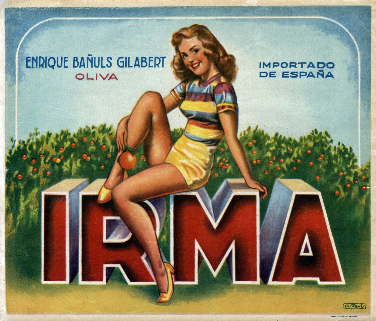 Immagine pubblicitaria "Irma" per le arance di Valencia in Spagna da Spanish School