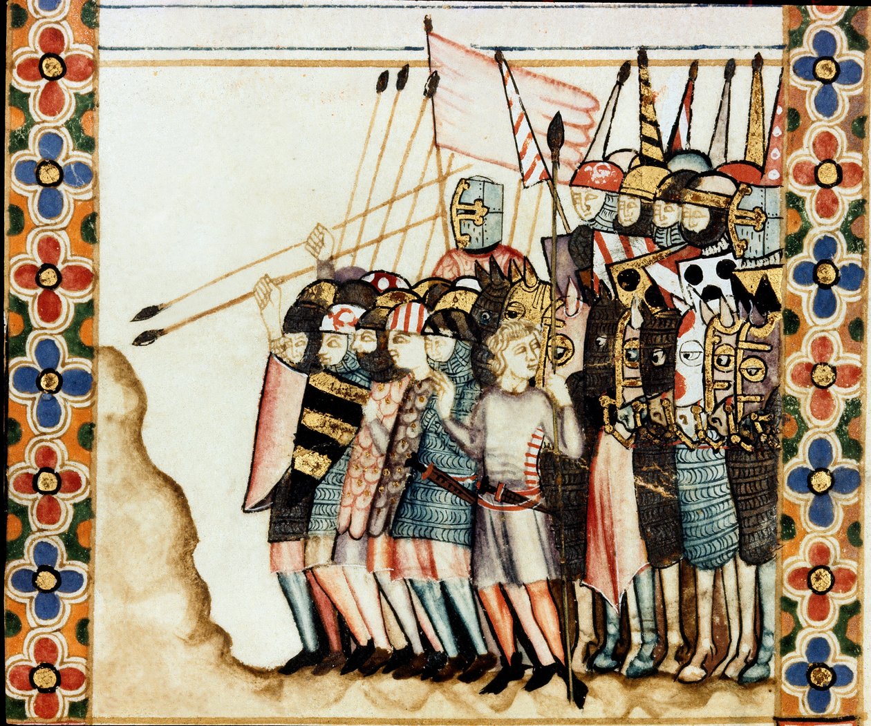 Esercito dei crociati (dettaglio) di una pagina tratta da un manoscritto del Canto di Santa Maria (Cantigas de Santa Maria), decorato con miniature dedicate a Santa Maria e ai suoi miracoli, una raccolta di canti redatta sotto il regno di Alfonso X il sagg da Spanish School