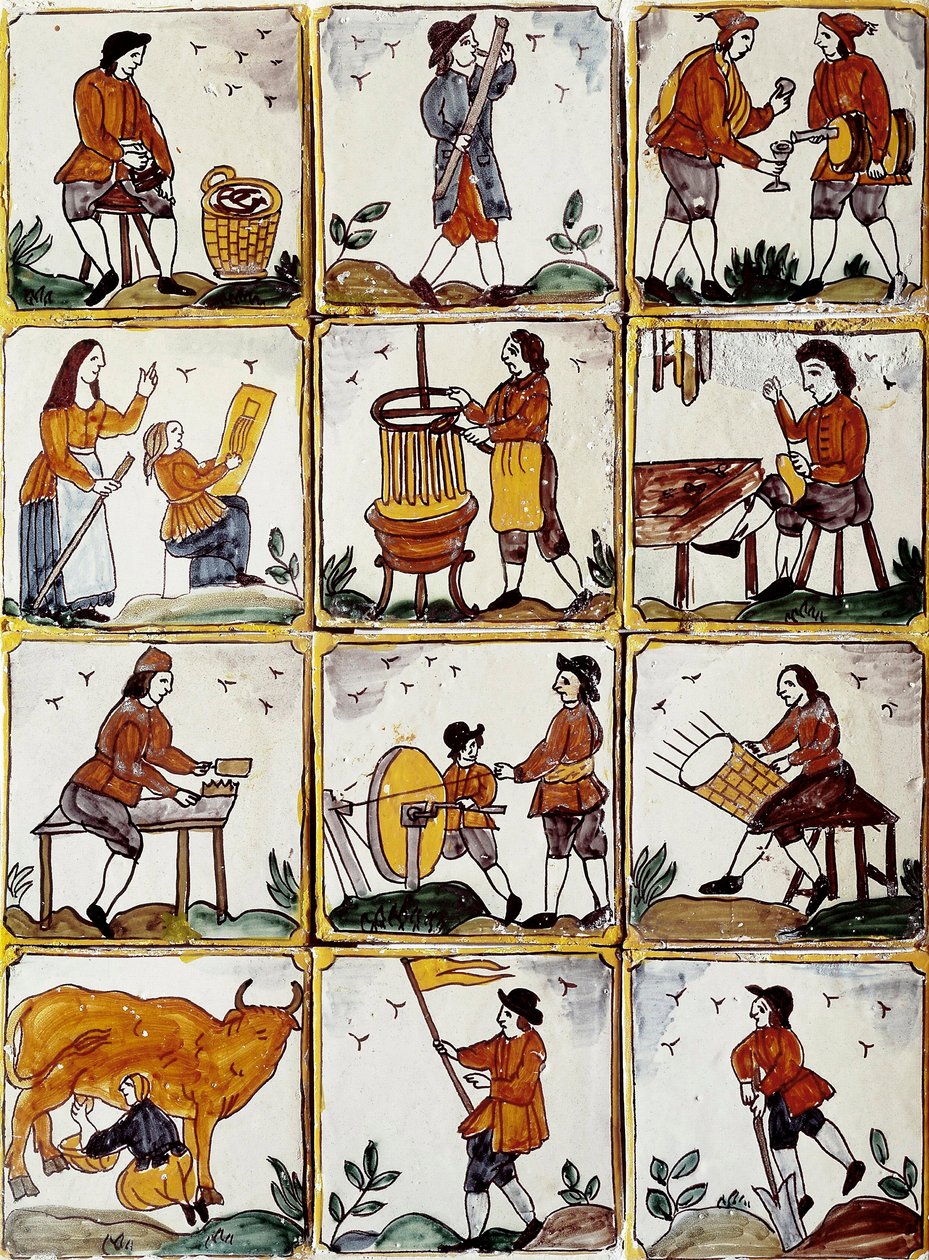 Mestieri artigianali: calzolaio, bottaio, fabbricante di cesti di vimini, vinificatore, disegnatore, musicista, mungitura delle mucche, arrotino, contadino, ebanista. Piastrelle in ceramica catalana (Spagna) da Spanish School