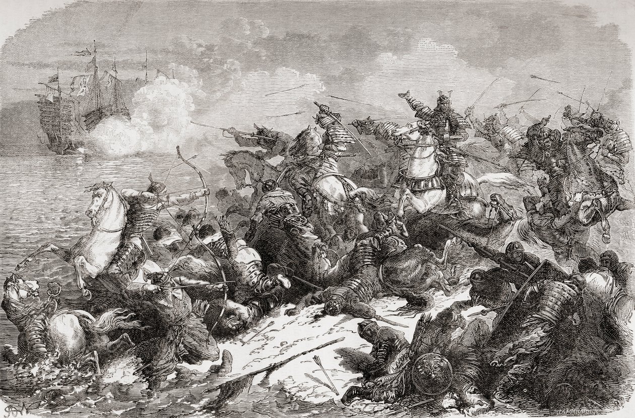Tentativo di invasione cinese del Giappone nel 13° secolo, pub. 1878 da Spanish School