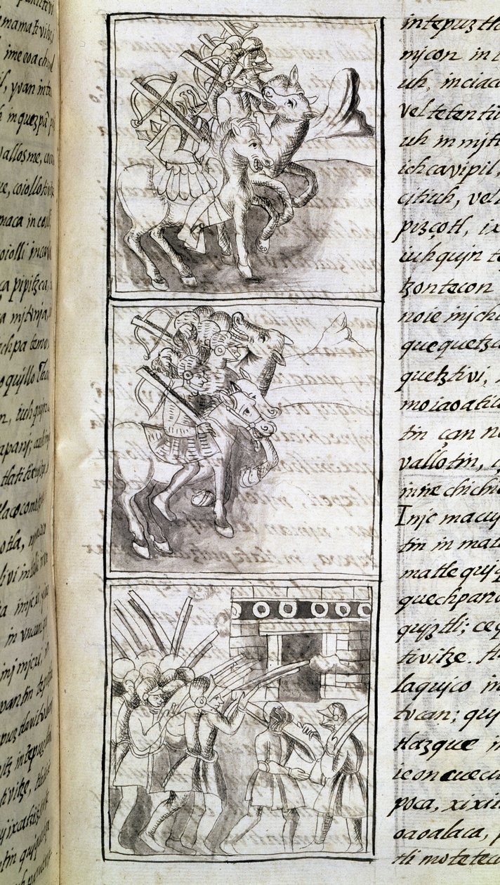 Codice della conquista del Messico: gli spagnoli pronti ad attaccare la città di Tenochtitlan. Miniatura del manoscritto fiorentino 