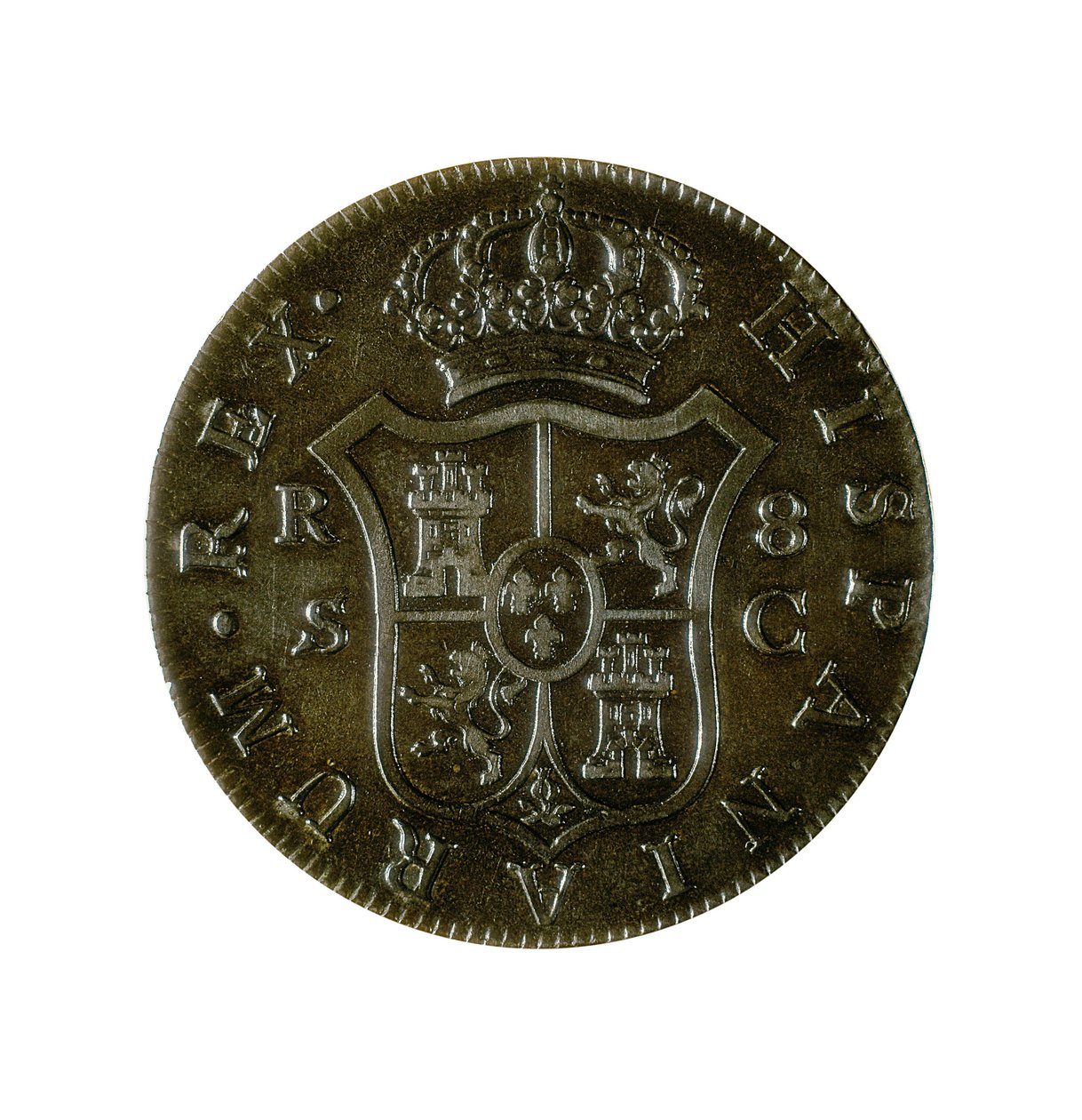 Moneta di 8 Reali spagnoli, valuta castigliana coniata a Siviglia durante il regno di Carlo IV (1748-1819) da Spanish School