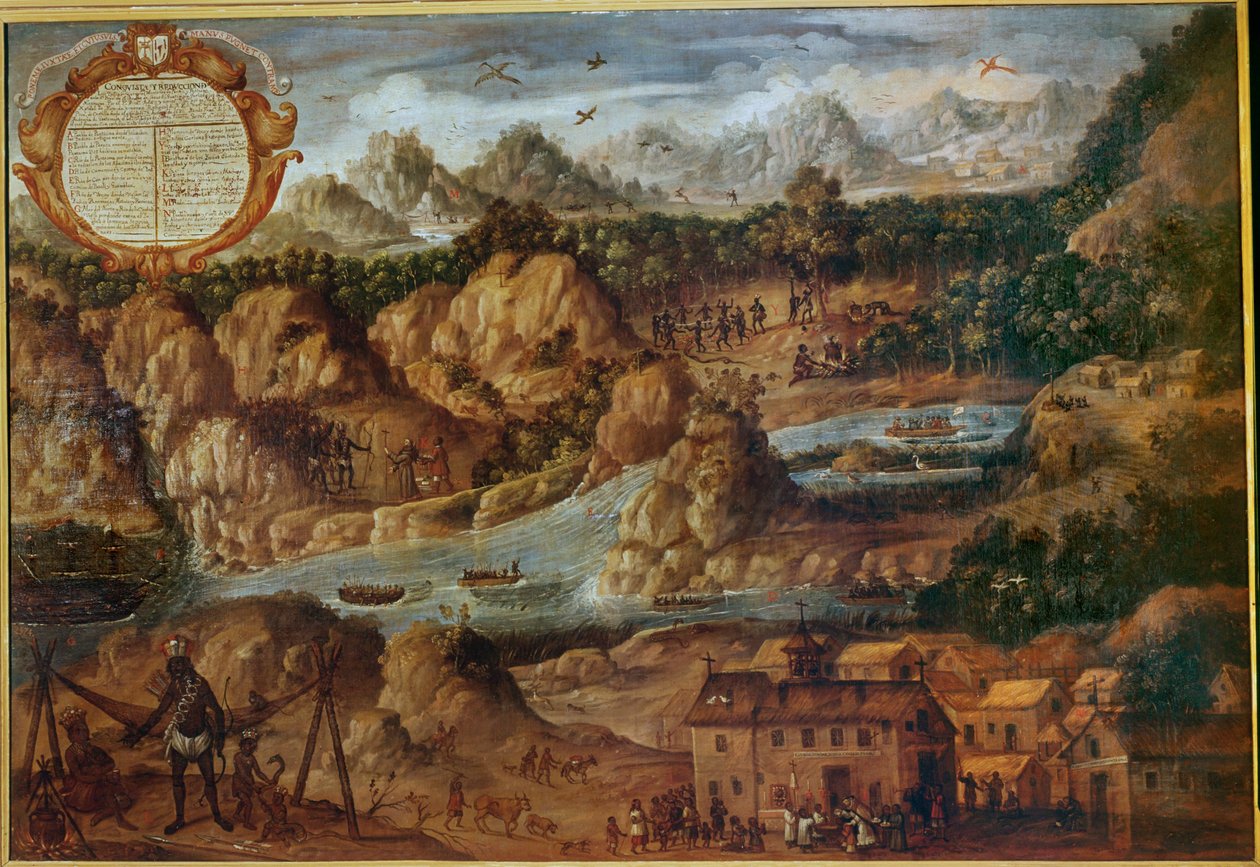 Conquista dei paesi indiani del Paraguay, con il paesaggio, i fiumi e una nuova chiesa spagnola ... da Spanish School
