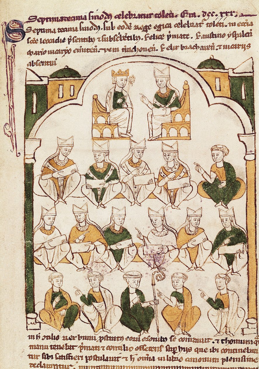 Concilio di Toledo, miniatura in "Primacia de la Iglesia Toledana" da Spanish School