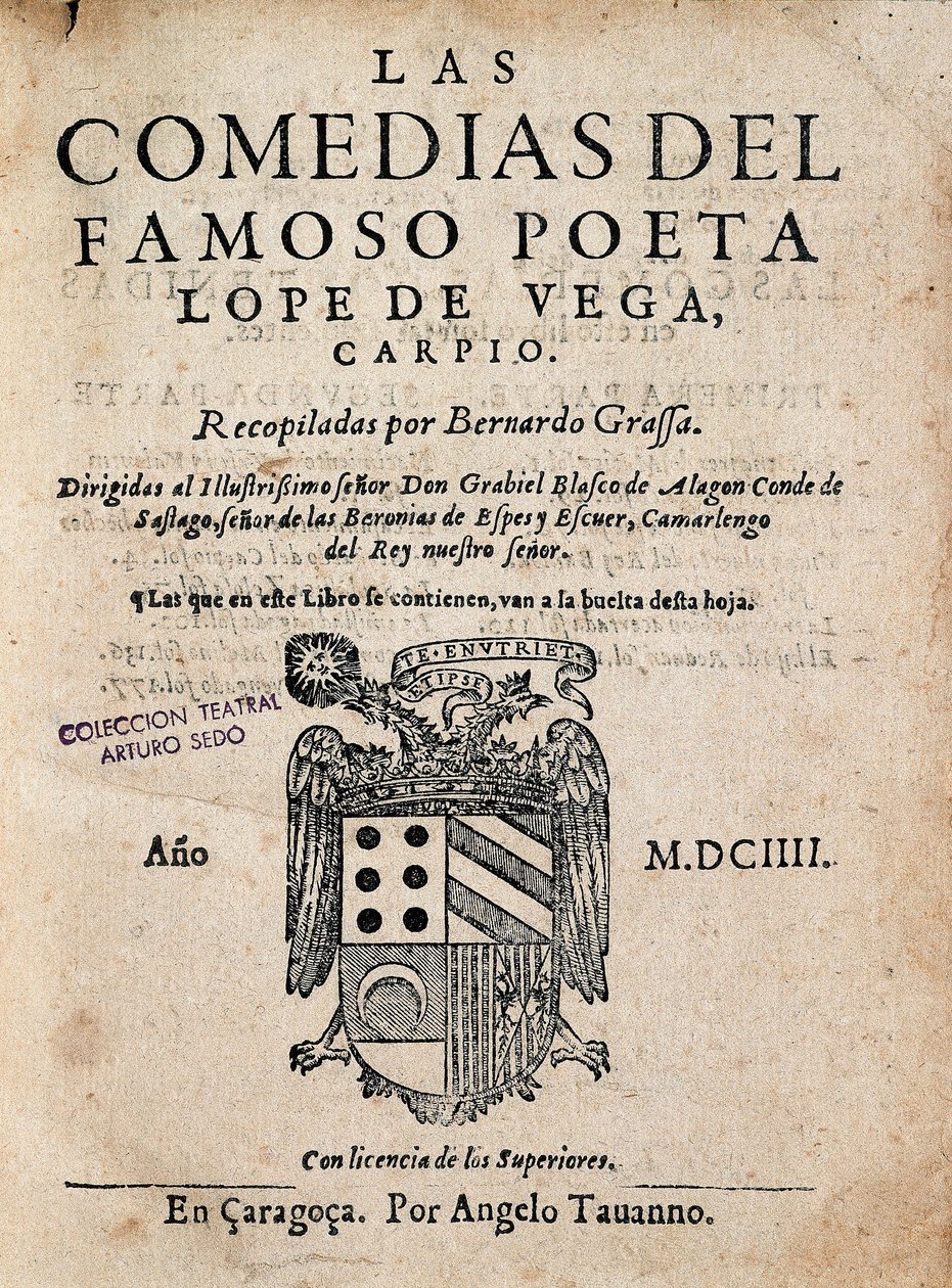 Copertina di Las comedias del famoso poeta Lope de Vega, di Felix Lope de Vega Carpio (1562-1635), Edizione del 1604 da Spanish School